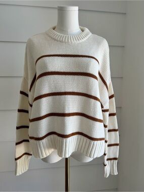 Jenni Kayne Chloe Crewneck Sweater Ivory/ Brown Stripe size M
